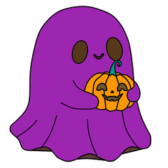 Cute Ghost Holding Pumpkin Jack-o’-Lantern – Halloween Illustration