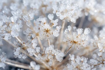 Close-up of frosted dried plant.  Small, ice-covered flowers cluster on light beige stems