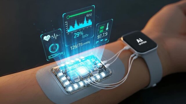 Bio-Sensor Patch with a Holographic Display Showing Real-Time Health Data.

