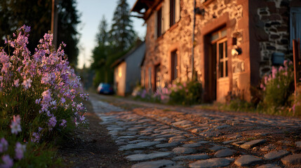 Obraz premium Cobblestone street and stone house at sunset