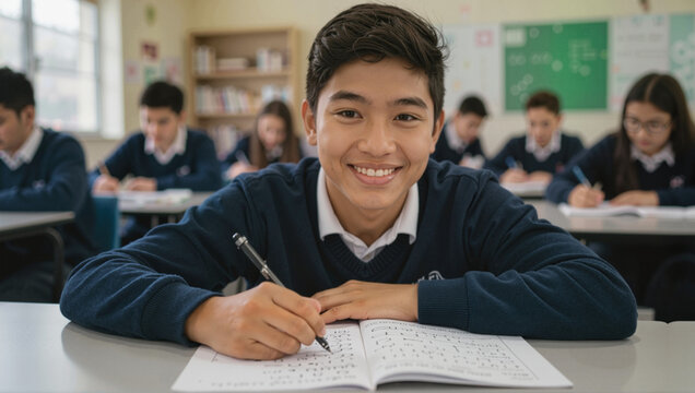 Smiling teenage boy in classroom portrait - Powered by Adobe