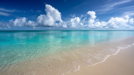 Fototapeta premium Crystal Clear Ocean with Sandy Beach under Blue Sky