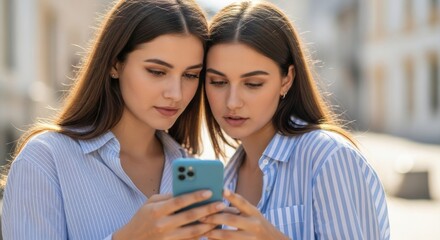 Young caucasian females engaged with smartphone outdoors in casual settings
