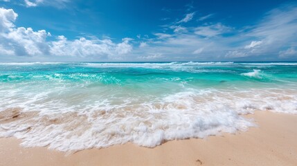 Fototapeta premium Crystal Clear Ocean with Sandy Beach under Blue Sky