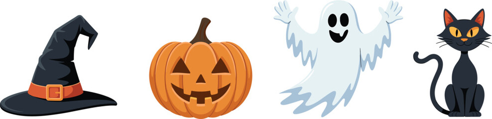 Halloween witch hat illustration, smiling pumpkin jack o lantern, happy ghost cartoon character, black cat vector art, spooky holiday decoration clipart