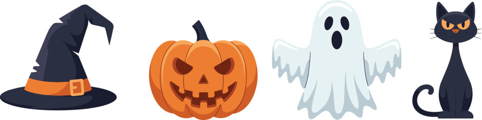 Halloween witch hat illustration, scary pumpkin face design, spooky ghost cartoon clipart, black cat vector art, festive holiday decoration symbols