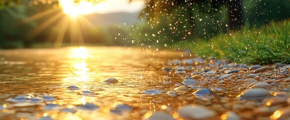 Golden sunlight streams onto a shallow riverbed with splashing water droplets