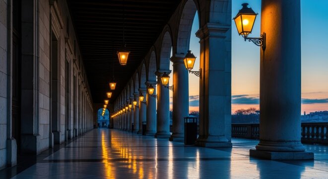 Illuminated archway passage at dusk with warm glowing lamps - Powered by Adobe