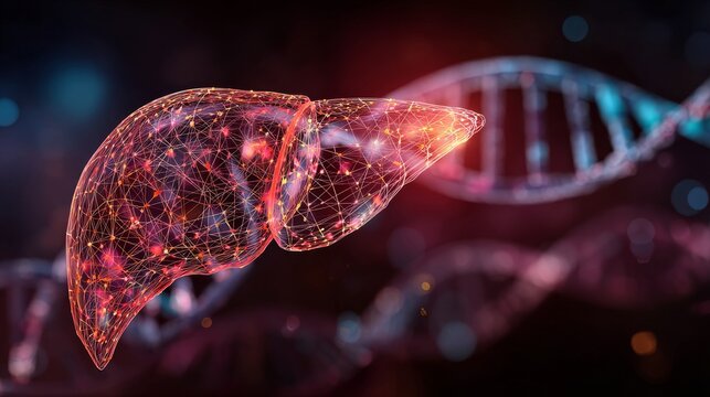 Human liver anatomy with dna strand on futuristic scientific background, biotechnology medical research and genetic healthcare illustration