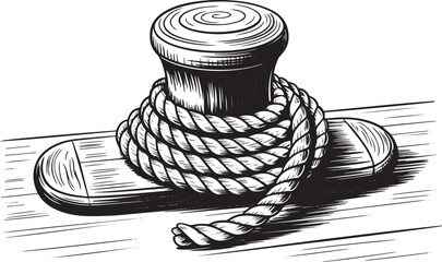Black and white sketch illustration of nautical mooring bollard with twisted rope in woodcut engraving style on wooden deck surface