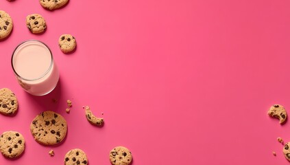 Cookies and milk on a pink surface.