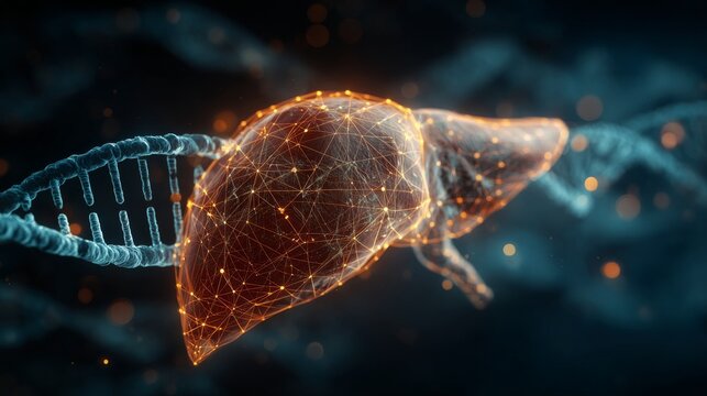 Human liver anatomy with dna strand on futuristic scientific background, biotechnology medical research and genetic healthcare illustration