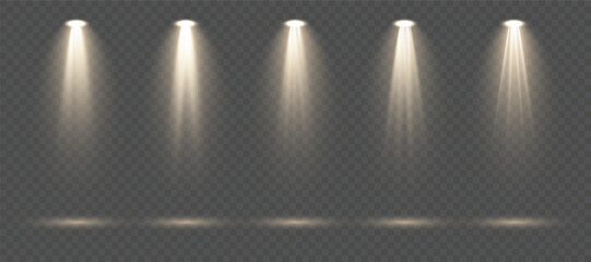 Stage spotlight vector collection. Realistic glowing beams, light sources and projector effects on transparent background for concert design, performance, studio scenes, and illumination mockups.