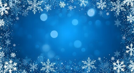 A beautiful blue background with a snowflake border and bokeh lights, perfect for winter and holiday themes
