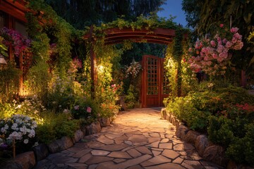 Fototapeta premium Evening garden path with pergola and flowers