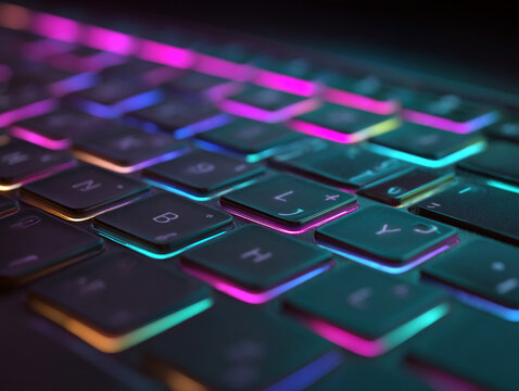 Colorful lighting on a laptop keyboard creates a vibrant backdrop for creative work late at night