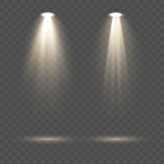 Creative vector spotlight set. Bright stage beams, isolated glowing lights and projector illumination on transparent background, perfect for concert banners, theater design, studio and entertainment.