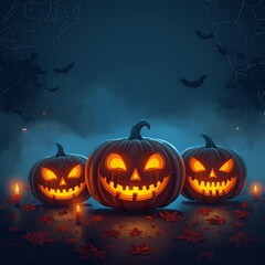 Fototapeta premium Scary Halloween pumpkins dark blue background glowing spooky festive illustration