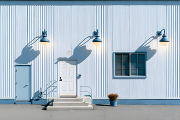Exterior of a light blue building with three wall-mounted lights and shadows resembling hands.