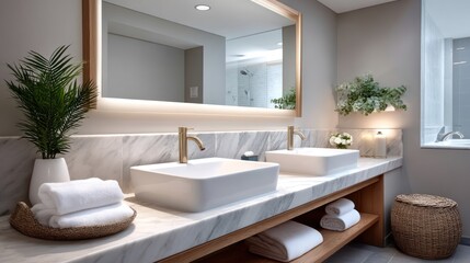 Modern bathroom with double sinks, marble countertop, and minimalist decor