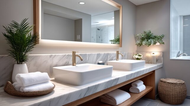 Modern bathroom with double sinks, marble countertop, and minimalist decor