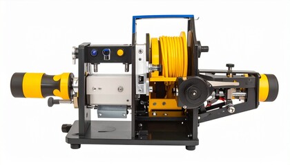 Cable stripping machine with adjustable blades rotating handle and heavy duty frame isolated on white background industrial electrician cable preparation device
