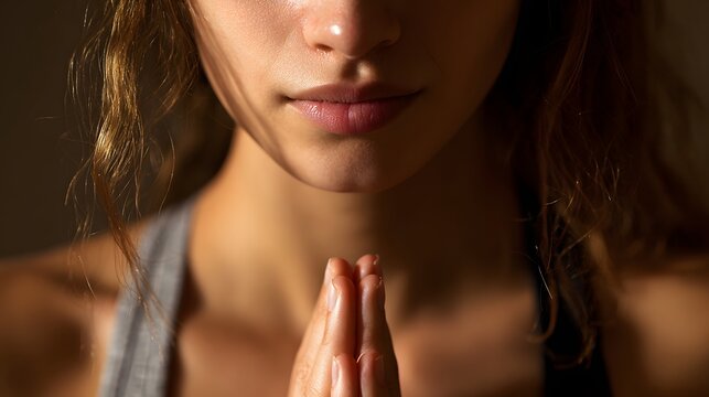 Young woman practicing yoga, sitting in lotus position, wearing sportswear, indoor. faceless, selective focus. copy space