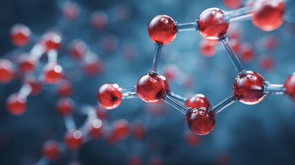 Close-up of molecular structure model with red atoms connected by bonds on a blue background, chemistry and scientific research concept, molecular biology visualization