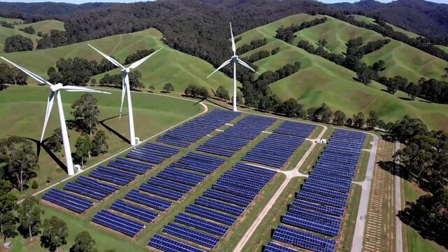 Aerial Drone View of the Hybrid Gullen Solar Farm and Gullen Range Wind Farm for Renewable Clean Energy