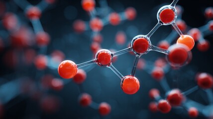 Close-up of molecular structure model with red atoms connected by bonds on a blue background, chemistry and scientific research concept, molecular biology visualization