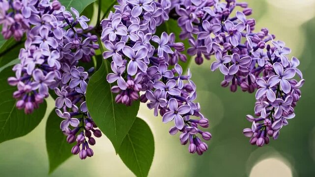 lovely sprig of lilac amidst green foliage. Selective focus is applied. close-up view. The background is blurred, providing space for text.