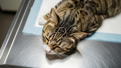 Tabby cat resting on veterinary examination table - Powered by Adobe