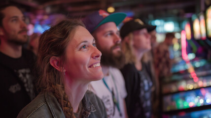 Obraz premium Excitement fills the air as friends enjoy games in a lively arcade hall
