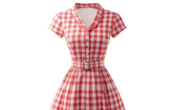 Charming vintage gingham dress on white background,png