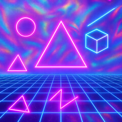 Neon Retro Futuristic Geometric Shapes on Grid with Vibrant Colors and Vaporwave Aesthetic Abstract Background