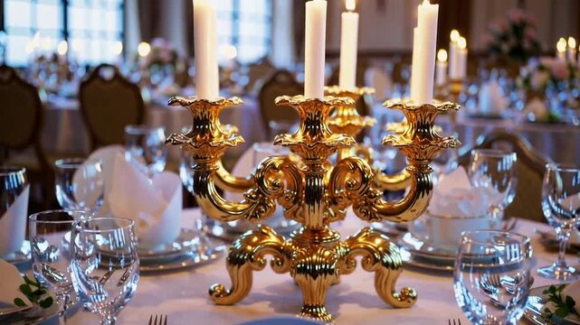 Ornate and Elaborate Gilded Multi-Branched Candle Holder with White Taper Candles for Formal Event