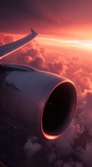 Airplane engine at sunset. Wingtip and clouds seen