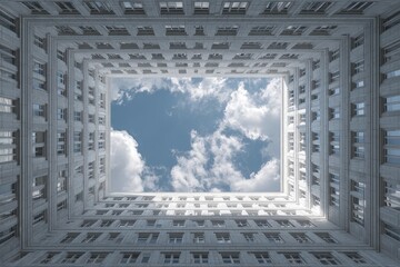 A courtyard view through a building