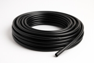 Naklejka premium Black Hose Coil: A neatly coiled black hose. Its sleek, minimalist form and monochromatic palette lends itself to various industrial, technical, and abstract concepts.