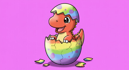 Adorable baby dinosaur hatching from an egg, smiling with joy and anticipation on pink background