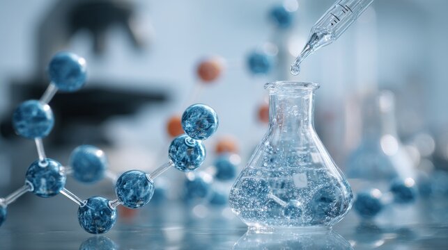 Scientists conducting experiments with molecular models and dna structures surrounded by atoms, molecules, and biotechnology equipment in a modern laboratory for scientific research