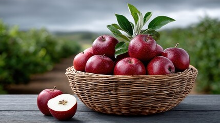 Red apples in a wicker basket, on a wooden table, orchard background