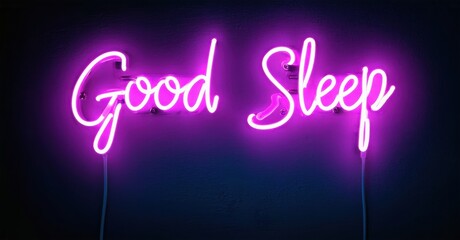 Bright pink neon sign displays Good Sleep against dark blue background. Simple lettering, modern aesthetic. Relaxing vibes.