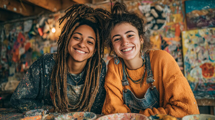 Friends bond over pottery in cozy art studio during creative afternoon