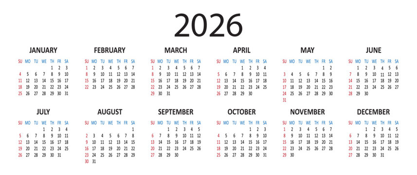 American calendar 2026 year. Week starts on Sunday. USA date daily. Vector illustration