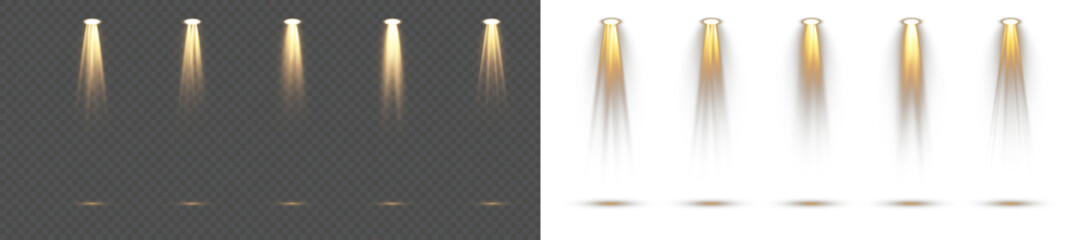 Stage spotlight vector collection. Realistic glowing beams, light sources and projector effects on transparent background for concert design, performance, studio scenes, and illumination mockups.