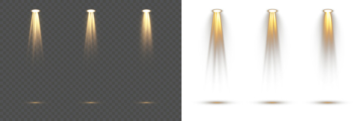 Creative vector spotlight set. Bright stage beams, isolated glowing lights and projector illumination on transparent background, perfect for concert banners, theater design, studio and entertainment.