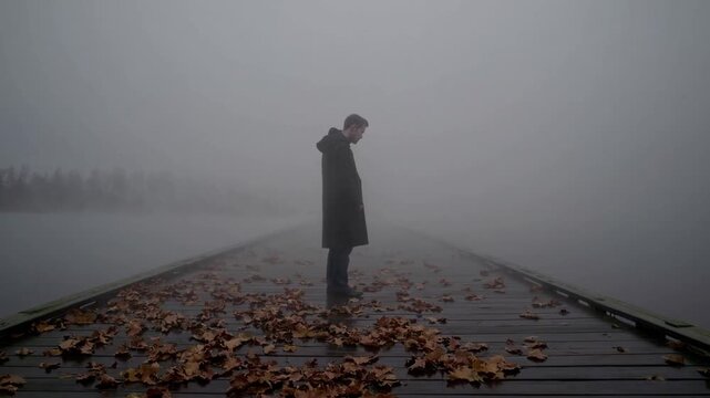 Depressed Man Standing Alone on Jetty During Foggy Autumn Day