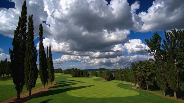 expansive golf course fairway exhibiting lush green grass under vast sky filled with large cloud formations