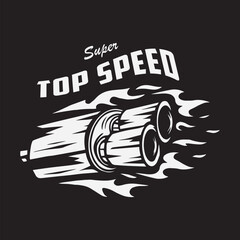 Vintage illustration of a racing exhaust logo with flames
